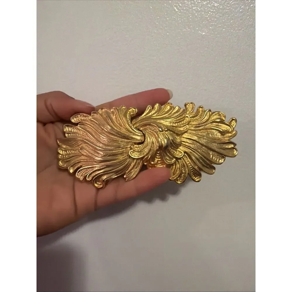 Doreen Ryan Belt Buckle Signed Gold Toned Baroque Scroll Flourish Leaf Large